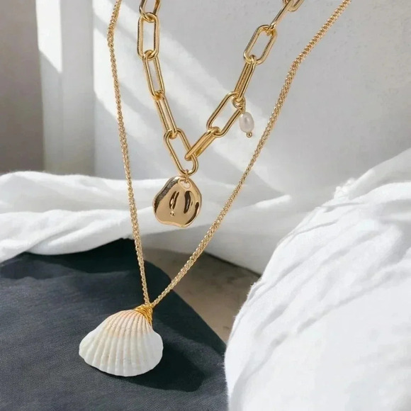 🆕️ 14K Gold Plated Layered Necklace with Natural Shell & Freshwater Pearl - Picture 1 of 9